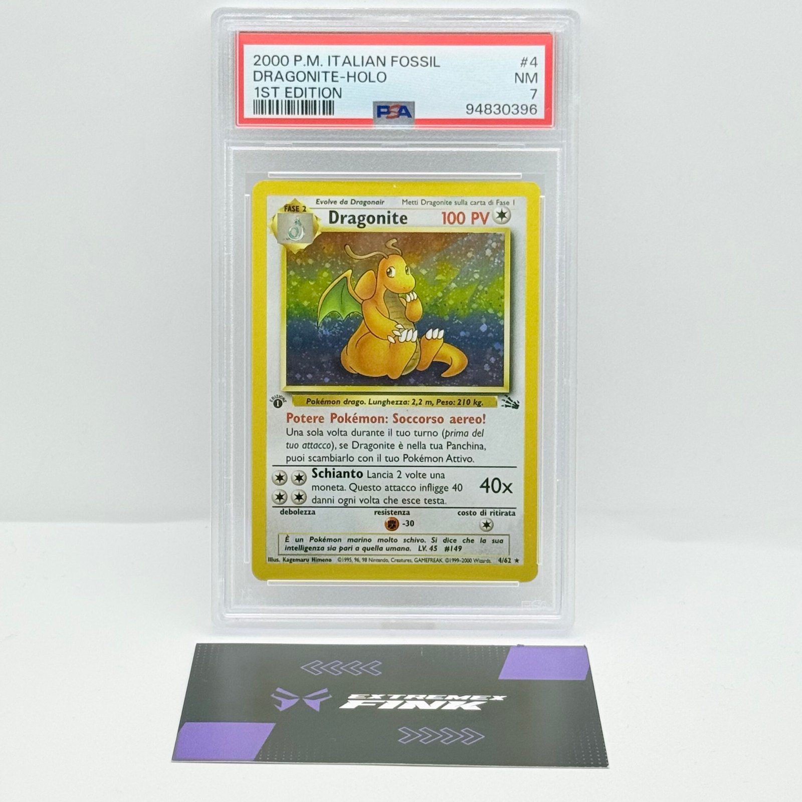 CARTA POKÉMON DRAGONITE HOLO 4/62 (2000) 1 EDIZIONE - FOSSIL - ITA - PSA 7