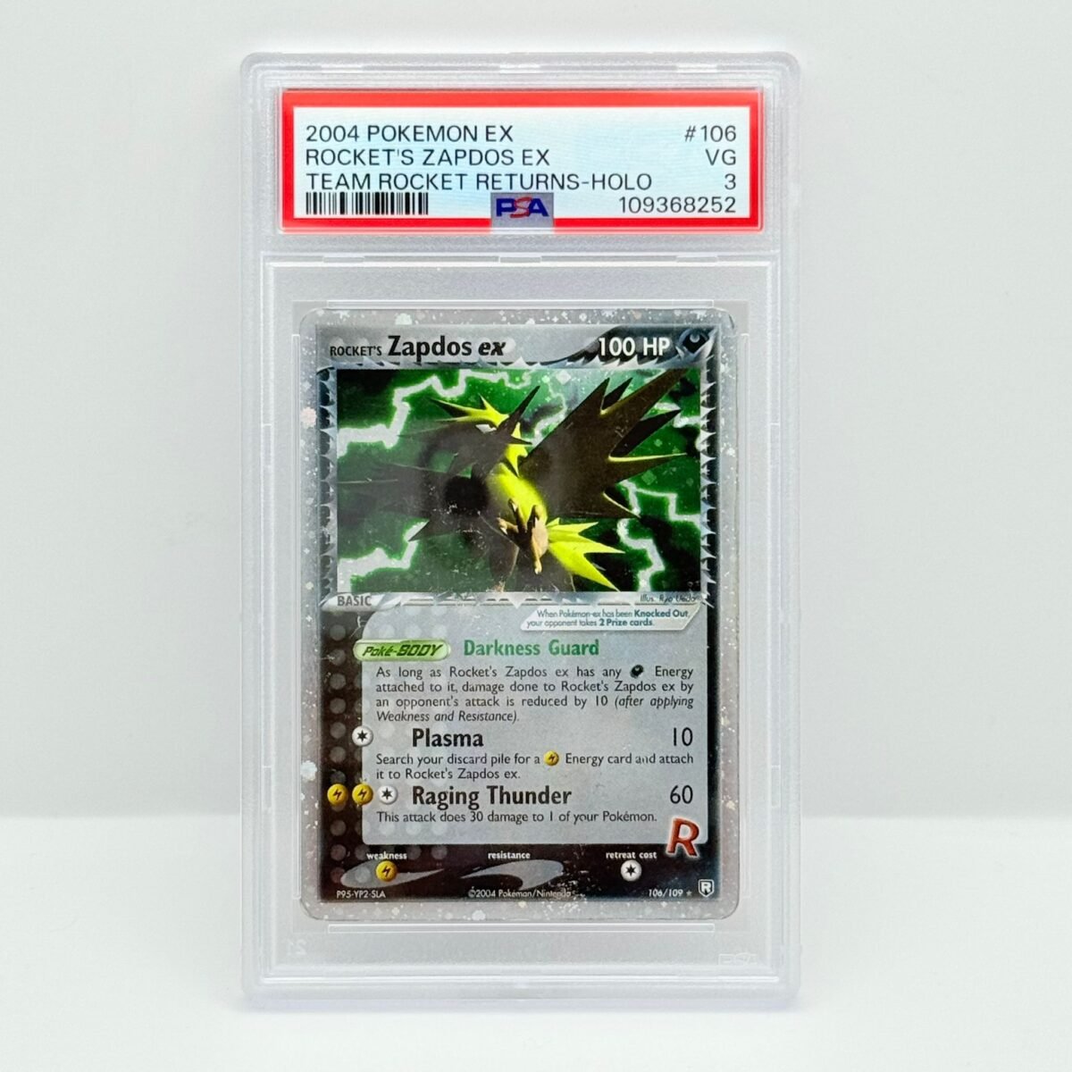 CARTA POKÉMON ROCKET’S ZAPDOS 106/109 - 2004 - TEAM ROCKET RETURNS - ENG - PSA 3