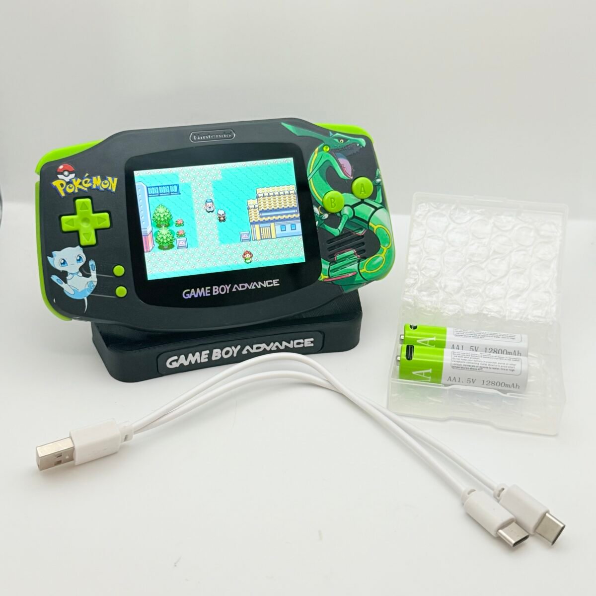 Game Boy Advance - IPS V4 - Rayquaza / Mew + Stand GBA + 2 Batterie USB-c