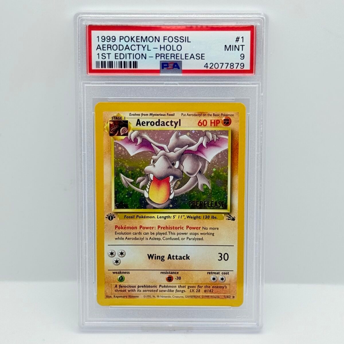 CARTA POKÉMON AERODACTYL HOLO 1/62 (1999) 1 EDITION - PRERELEASE - ENG - PSA 9