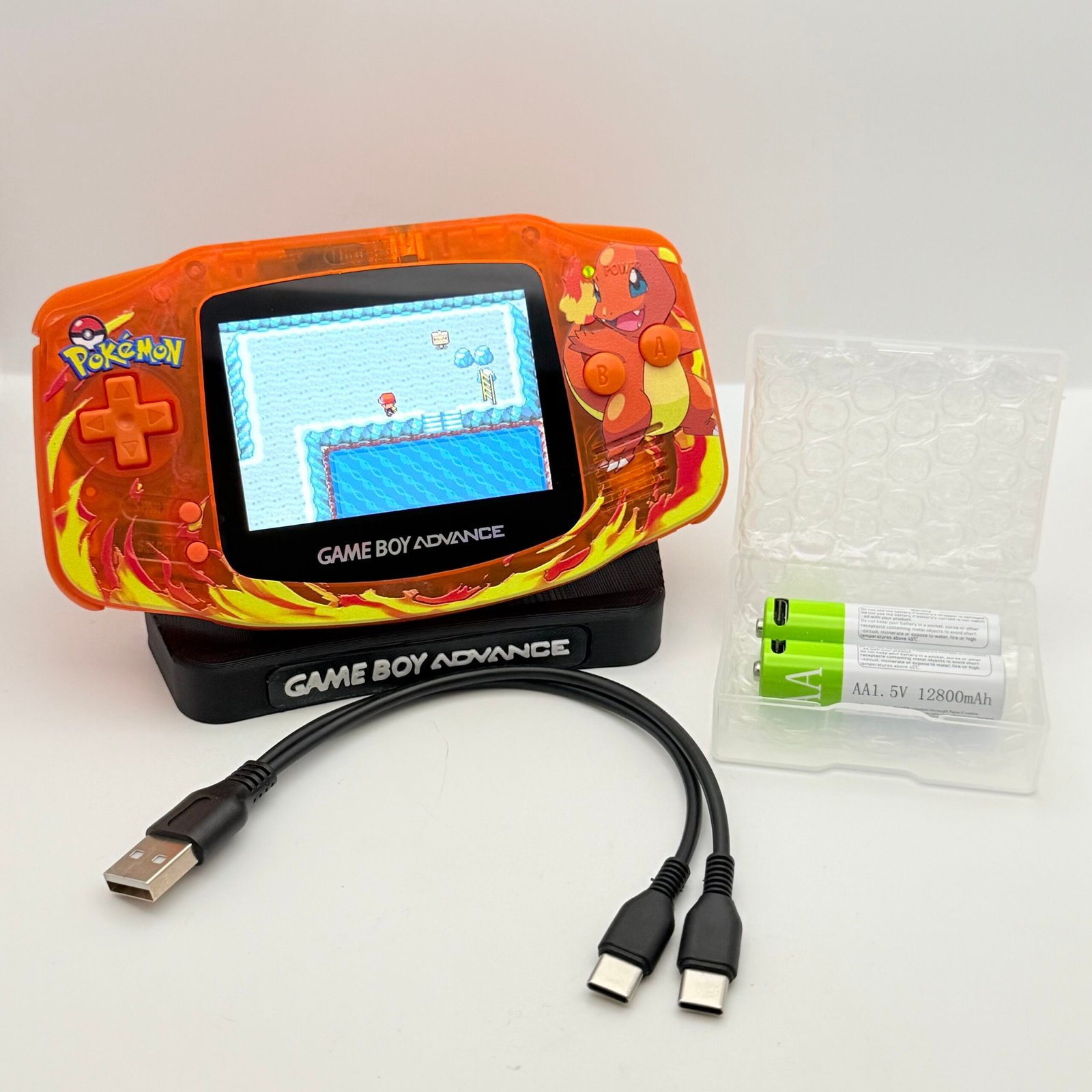 Game Boy Advance - IPS V4 - Charmander + Stand GBA + 2 Batterie USB-c