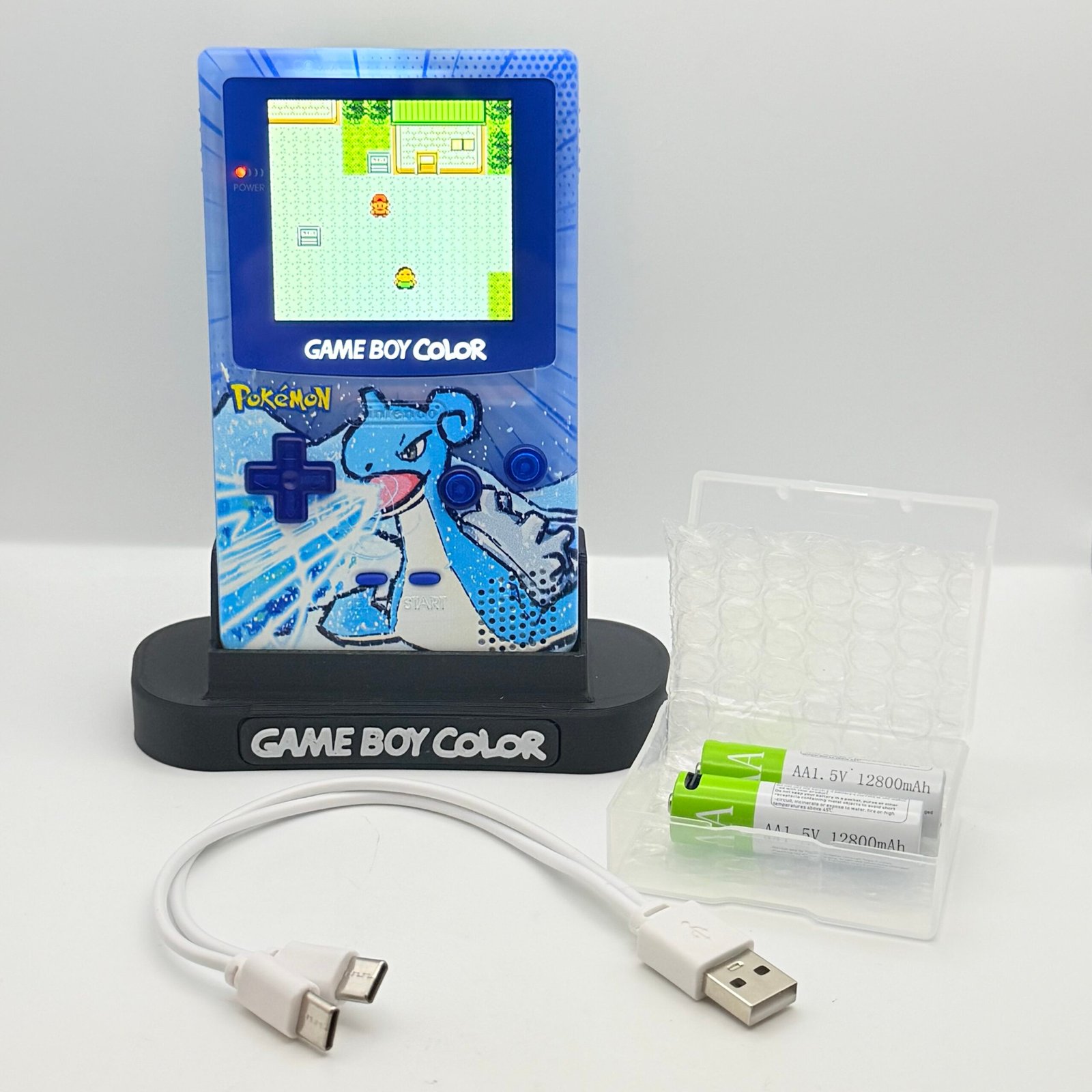 Game Boy Color - IPS V3 - Pokémon Lapras + Stand + 2 Batterie USB-c 12800mAh