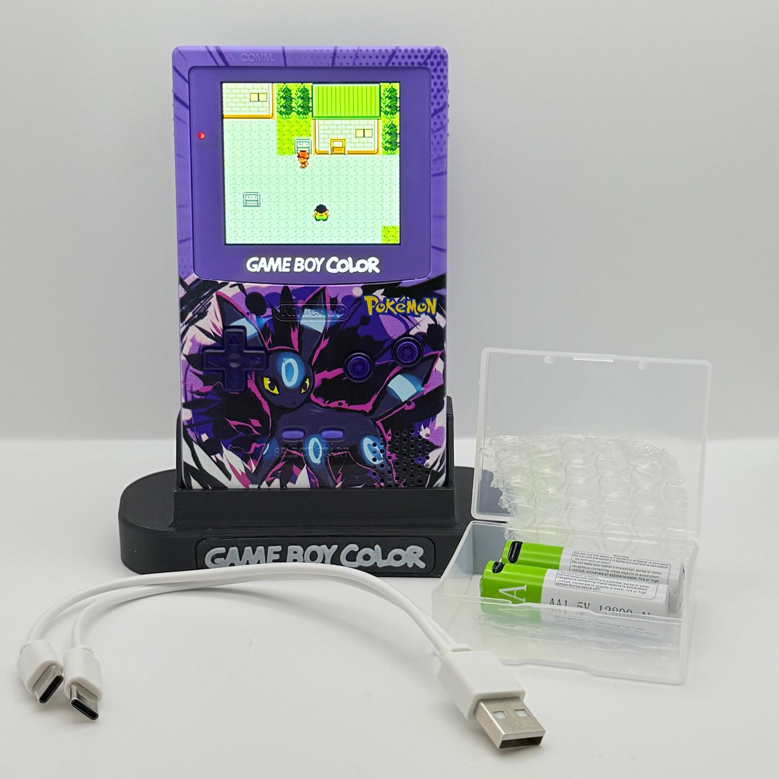 Game Boy Color - IPS V3 - Pokémon Umbreon Shiny + Stand + 2 Batterie USB-c 12800mAh
