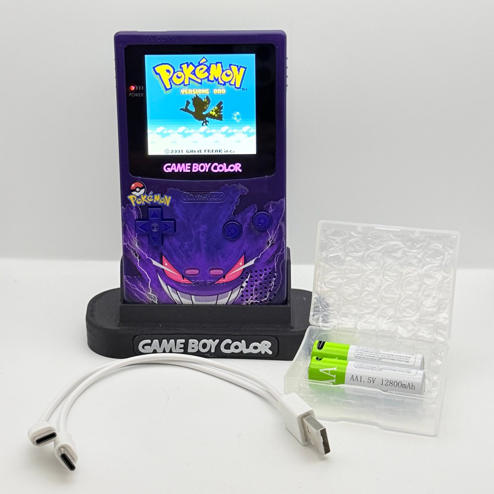 Game Boy Color - IPS V3 - Pokémon Gengar + Stand + 2 Batterie USB-c 12800mAh