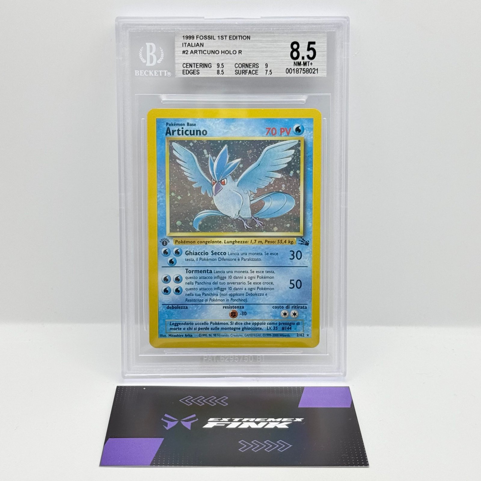 CARTA POKEMON ARTICUNO HOLO 2/62 - 1 EDIZIONE - ITA - SET FOSSIL 1999 - BGS 8,5