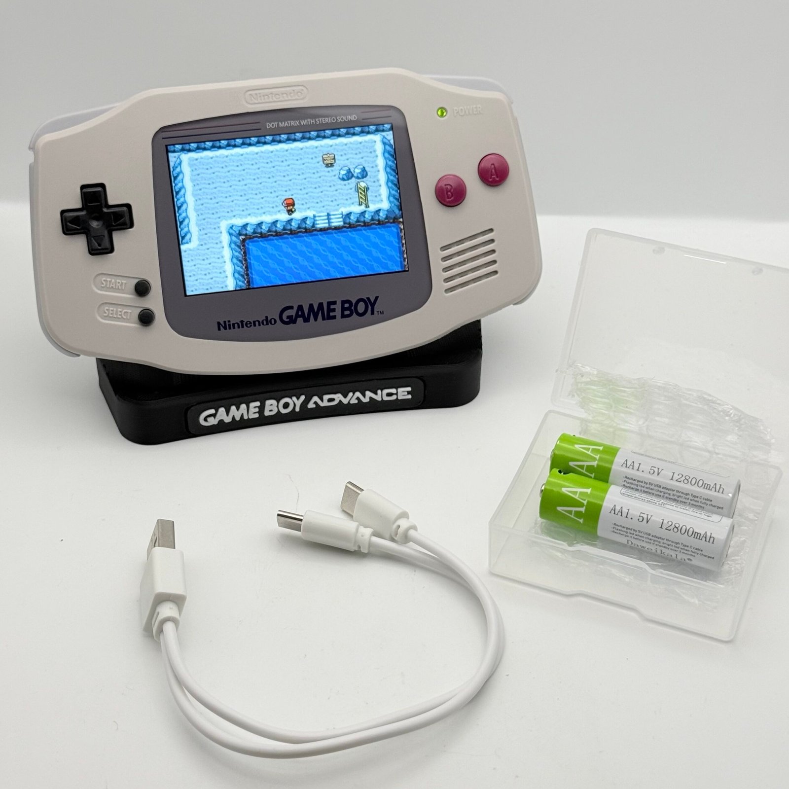 Game Boy Advance - IPS V3 - In Stile Classic+ Stand GBA + 2 Batterie USB-c