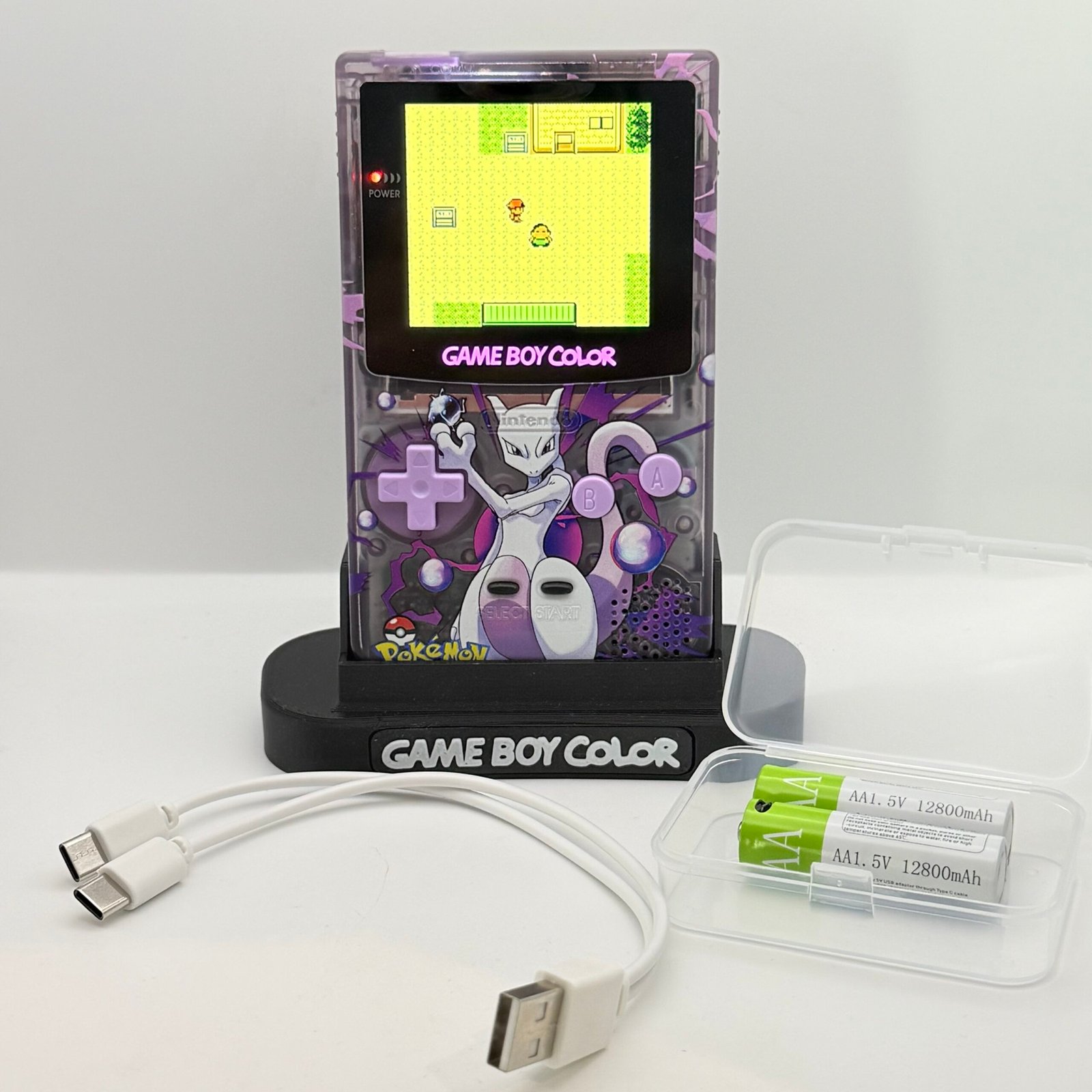 Game Boy Color - IPS V3 - Pokémon Mewtwo+ Stand + 2 Batterie USB-c 12800mAh