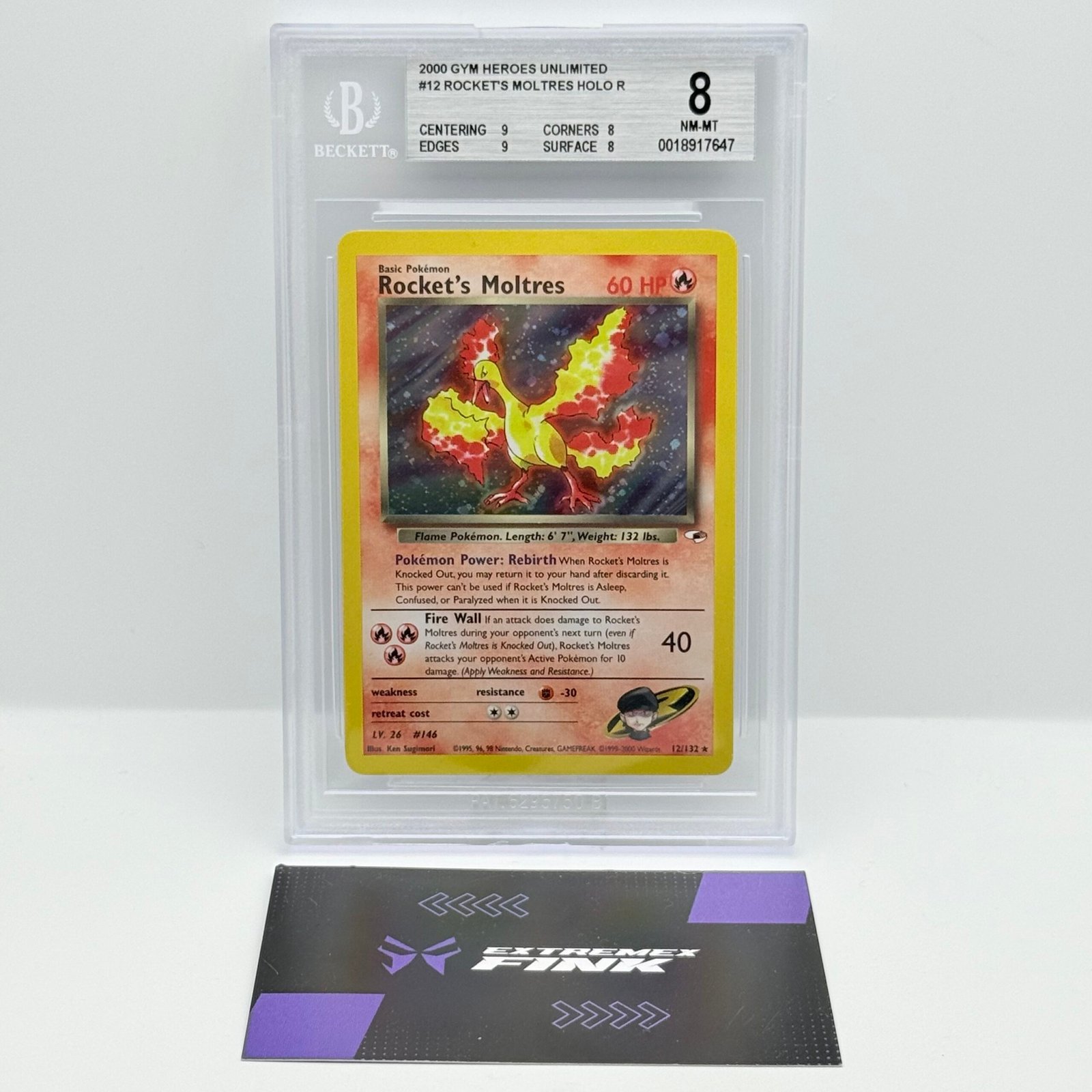 CARTA POKEMON ROCKET‘S MOLTRES HOLO 12/132 - GYM HEROES - BECKETT / BGS 8