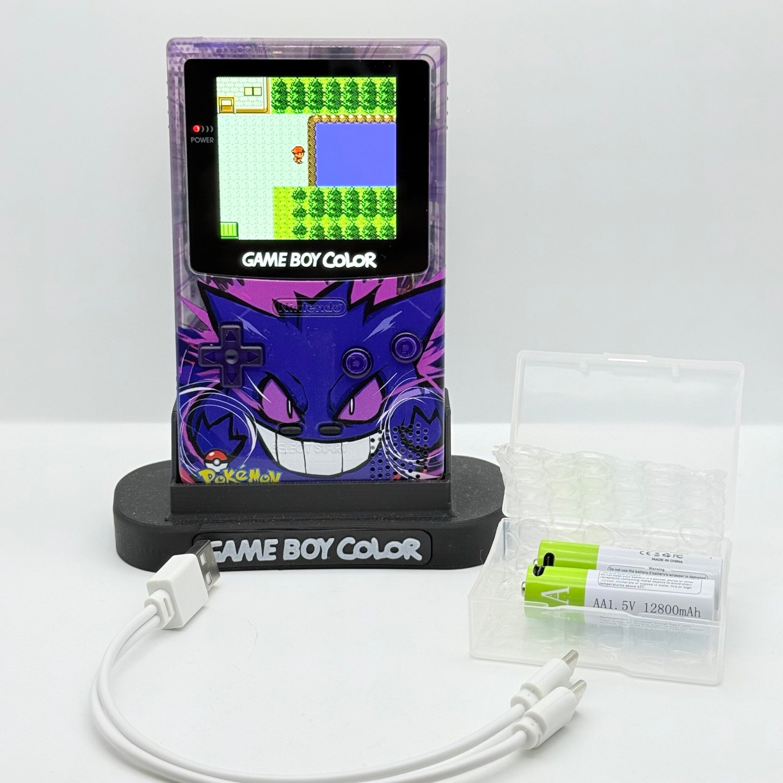 Game Boy Color - IPS V3 - Pokémon Gengar + Stand + 2 Batterie USB-c 12800mAh