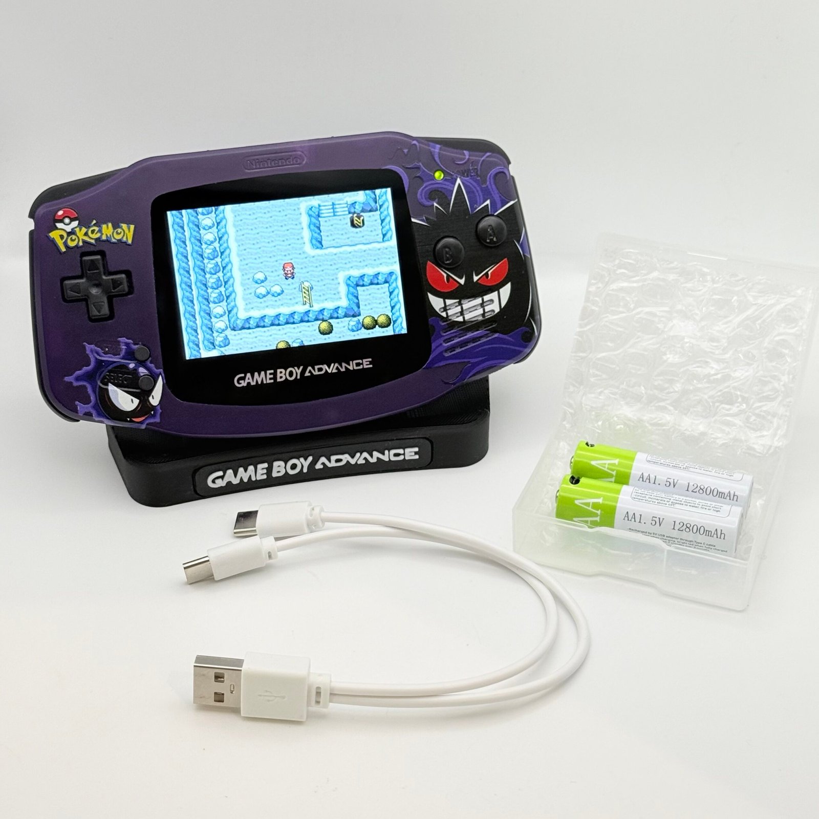 Game Boy Advance - IPS V3 - Gengar/Gastly+ Stand GBA + 2 Batterie USB-c