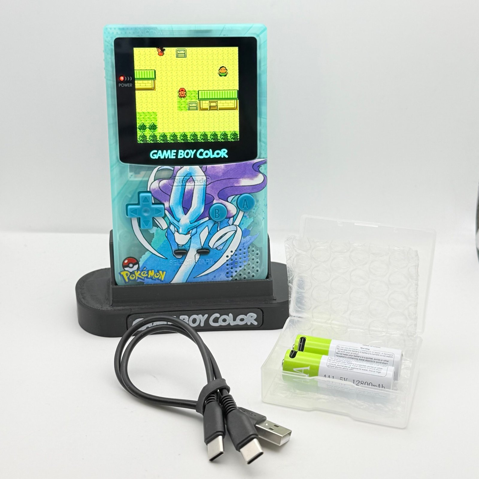 Game Boy Color - IPS V3 - Pokémon Suicune + Stand + 2 Batterie USB-c 12800mAh