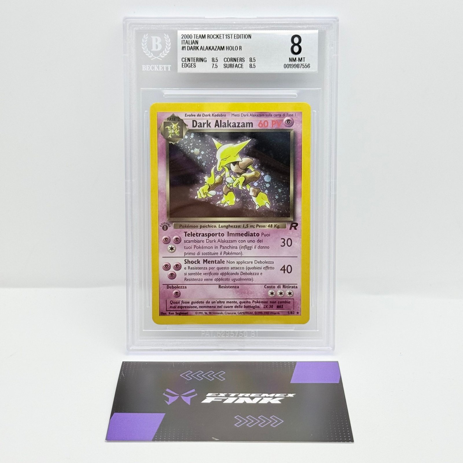 CARTA POKEMON DARK ALAKAZAM HOLO 1/82 1 EDIZIONE - ITA - TEAM ROCKET - BGS 8
