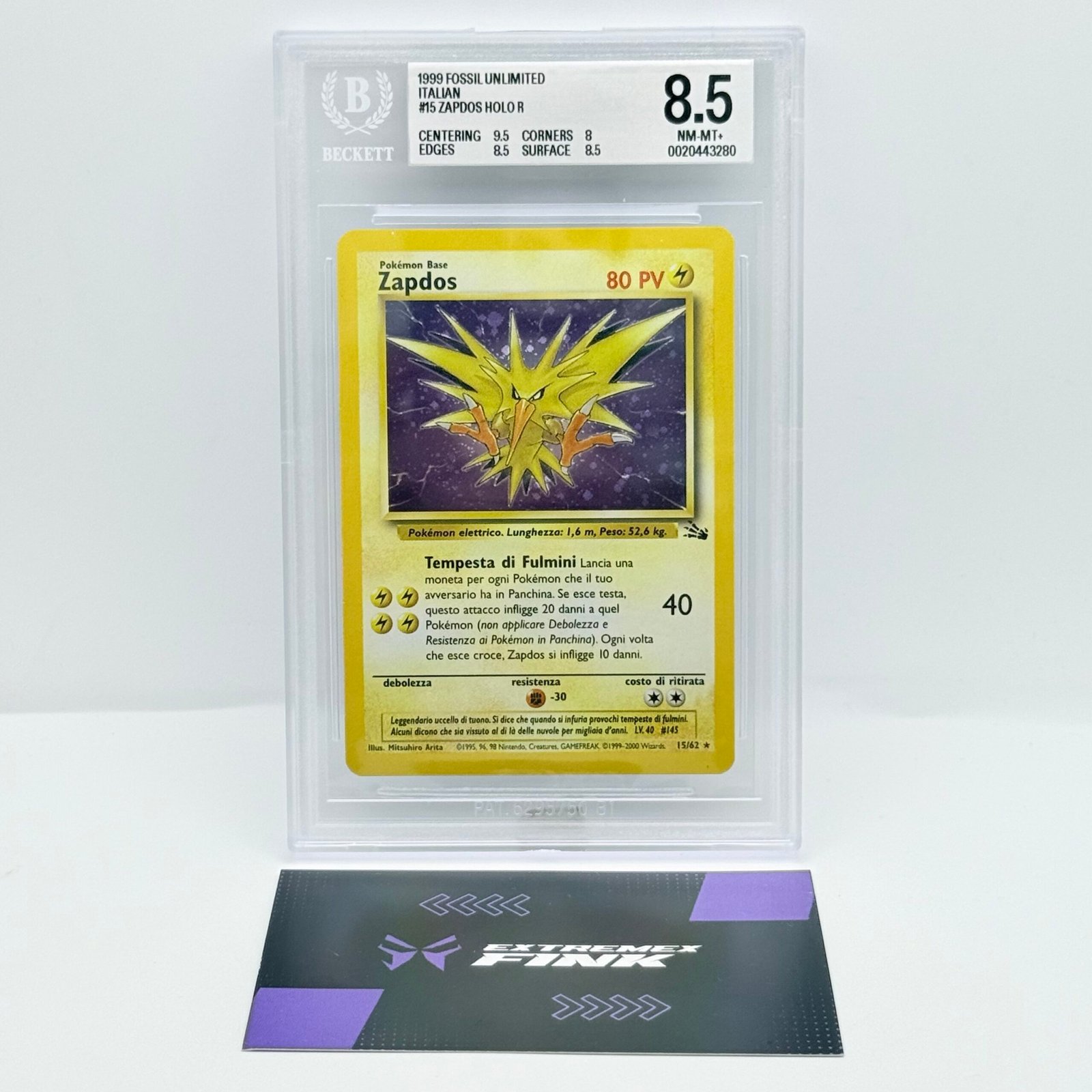 CARTA POKEMON ZAPDOS HOLO 15/62 - ITA - SET FOSSIL 1999 - BECKETT / BGS 8,5
