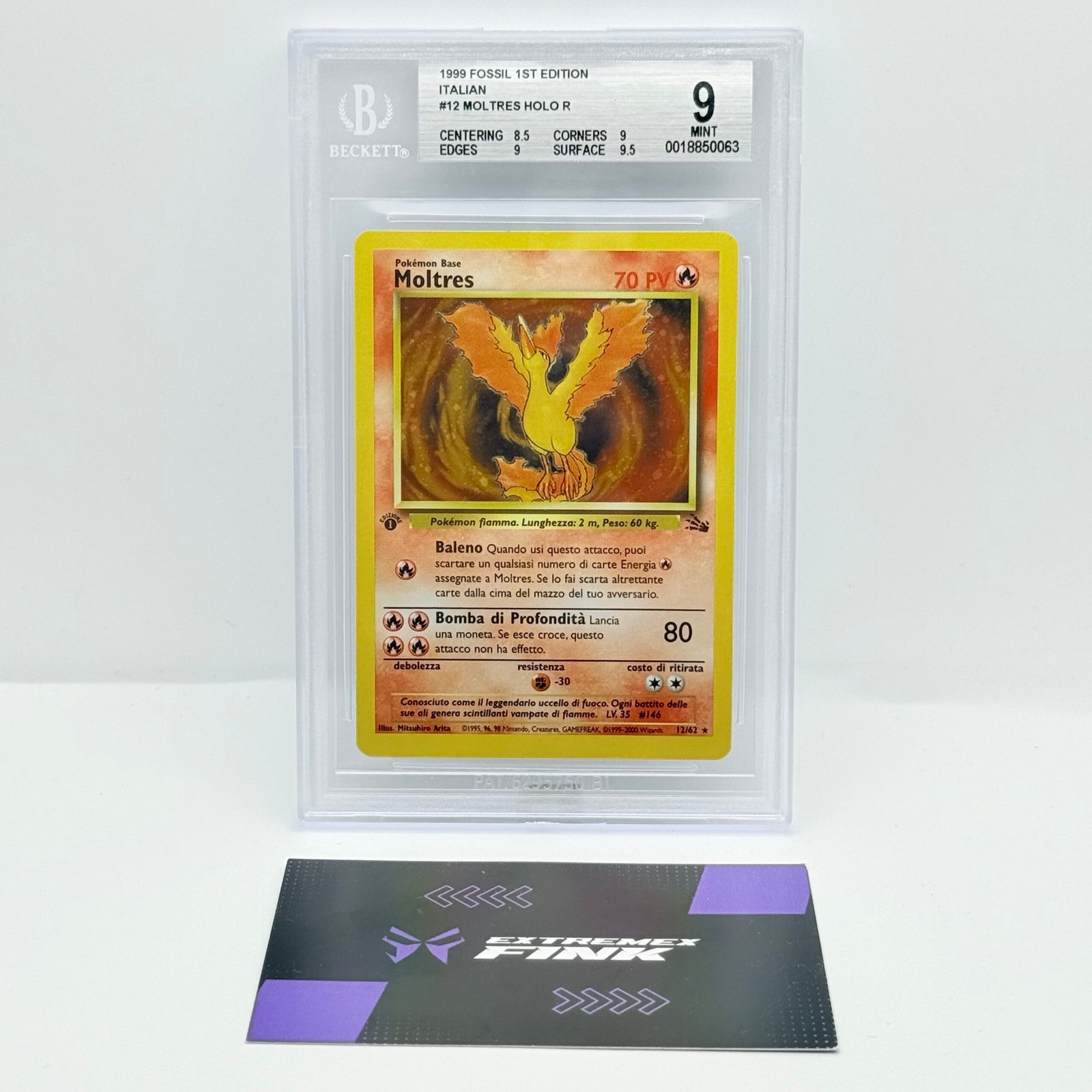 CARTA POKEMON MOLTRES HOLO 12/62 - 1 EDIZIONE - ITA - SET FOSSIL 1999 - BGS 9 !!
