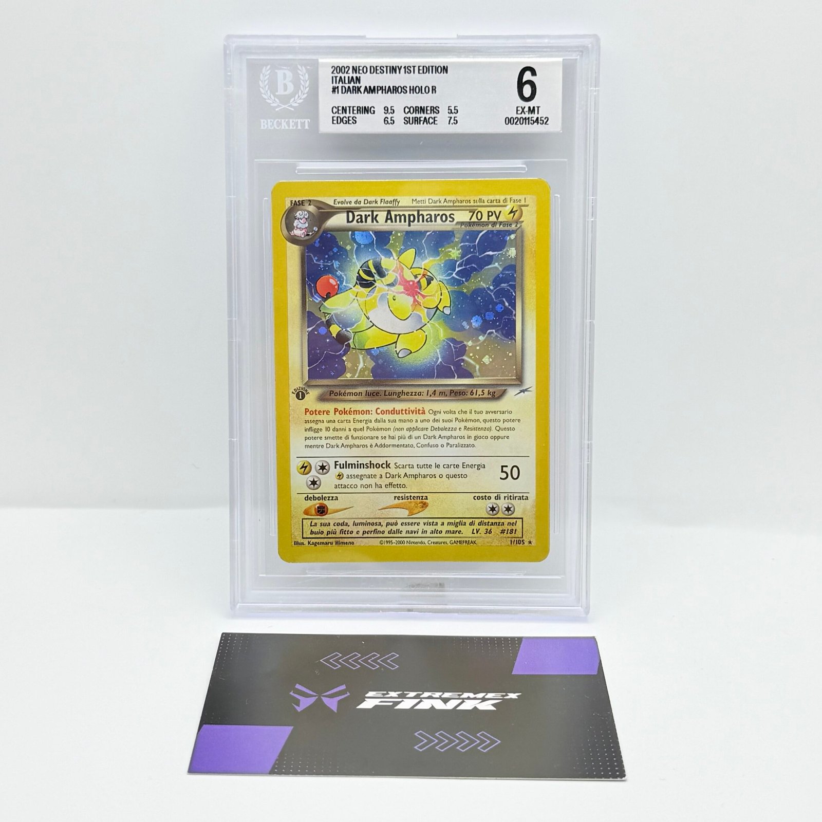 CARTA POKEMON DARK AMPHAROS HOLO 1/105- ITA - 1 EDIZIONE - NEO DESTINY - BGS 6
